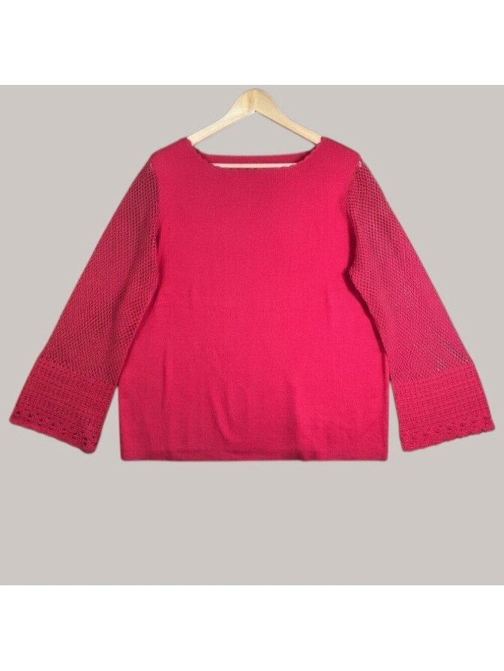 Bohemian Red Knit Sweater Top Crochet Bell Sleeves Womens Size XL